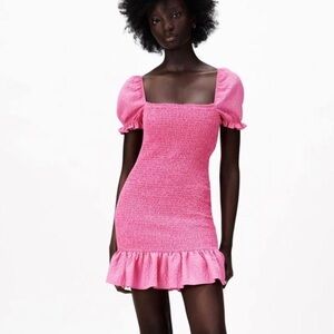 Zara Pink Textured Weaved Puff Sleeve Dress